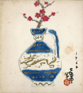 笹島喜平画賛色紙「梅の壺の図」/