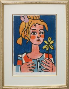 ポール・アイズピリ版画額「黄色い花を持つ娘（仮題）」/のサムネール