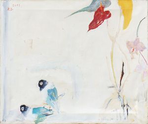高間惣七画「蘭花と小鳥」/Soshichi Takama