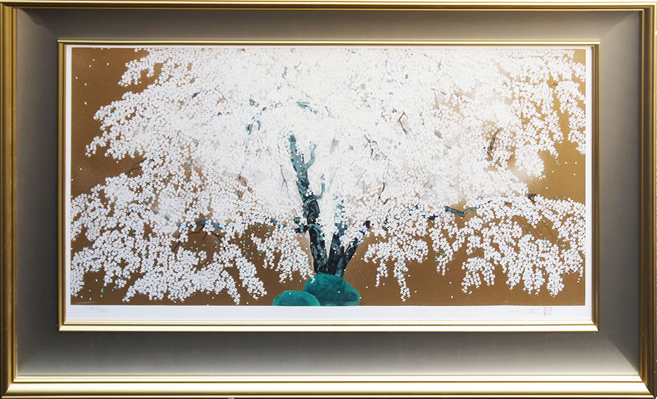 中島千波版画額「天龍寺の晴日枝垂桜」／Chinami Nakajima