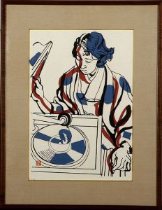 安井曽太郎版画額「レコードを聴く女」/Sotaro Yasuiのサムネール