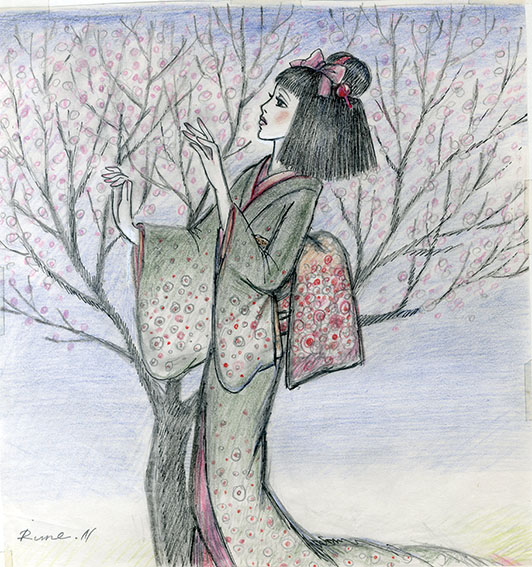 桜の前に立つ女性／内藤ルネ