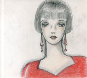 赤いドレスにイヤリングの女性/内藤ルネ