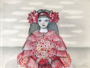 赤い花束を持つ赤いドレスの女性/内藤ルネ