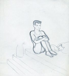 足を抱えて座る角刈り男性と猫/内藤ルネ