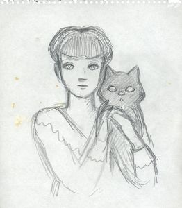 黒猫を抱き上げるショートヘアの女性/内藤ルネ