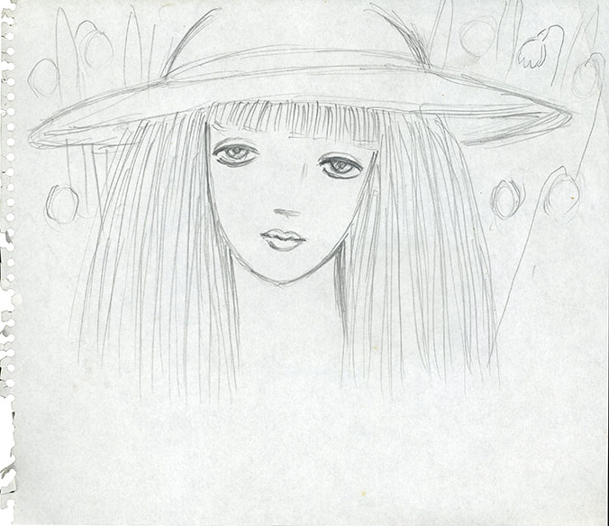 帽子を被ったロングヘアの女性　背景に花／内藤ルネ