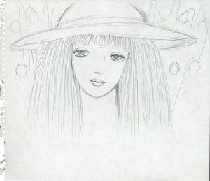帽子を被ったロングヘアの女性　背景に花/内藤ルネ
