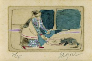 島田章三版画額「女と猫」/Syozo Shimadaのサムネール