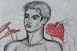 アンスリュームに囲まれた裸の男性
