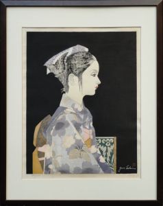 関野凖一郎版画額「和装の少女」/