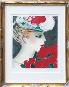 ジャン・ピエール・カシニョール版画額「バラの花束とプロフィール」/のサムネール