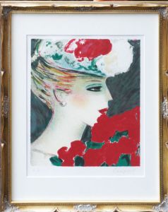 ジャン・ピエール・カシニョール版画額「バラの花束とプロフィール」/