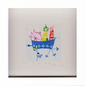 舟田潤子版画額「flip ship（羽ばたく船）」/舟田潤子