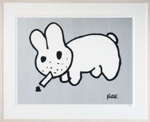 フランク・コジック版画額「Smoking Rabbit（Silver）」/Frank Kozik
