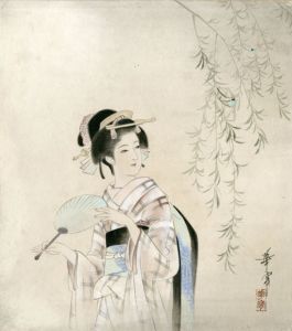 高畠華宵色紙額「団扇を持つ女性（仮題）」/