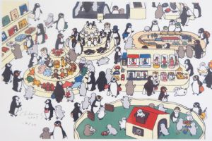 坂崎千春版画額「ペンギンのおかいもの」/さかざきちはる