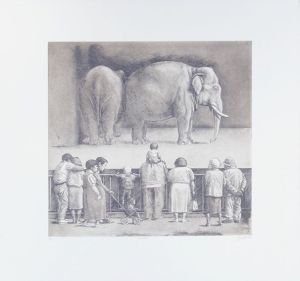 相笠昌義版画「ゾウをみる人」/Masayoshi Aigasa