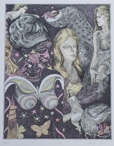 野間伝治版画「蝶と花」/Denji Noma
