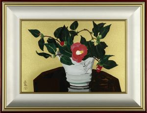 小倉遊亀版画額「卓上の椿花」/