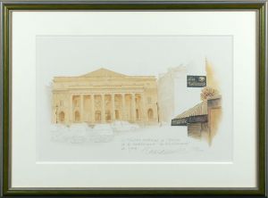 玉村豊男版画額「オデオン座と青い地中海レストラン」 / Toyo Tamamura