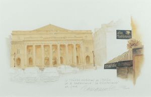 玉村豊男版画額「オデオン座と青い地中海レストラン」 / Toyo Tamamura