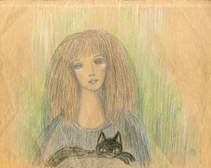 黒猫を抱く青い服の女性/内藤ルネのサムネール