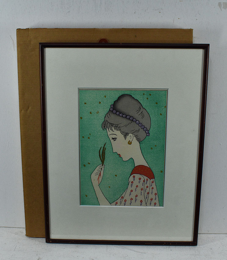 竹久夢二　版画　若草の少女 木版画「若草の少女」